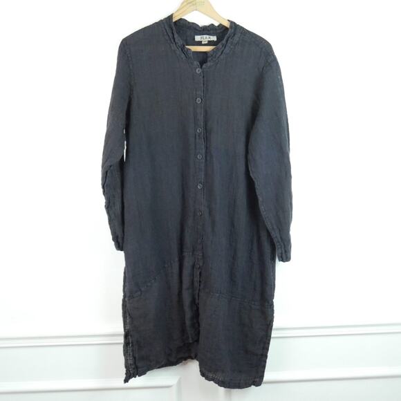 FLAX Small Dress Tunic Button Down Long Sleeve Black Linen Lagenlook Lagom - Picture 1 of 10